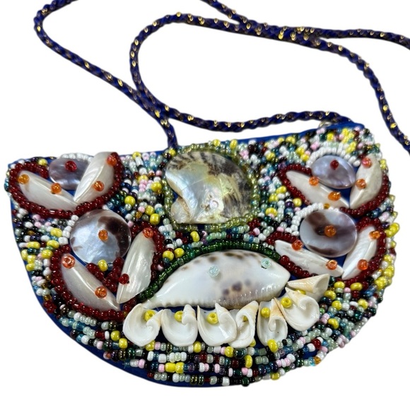Beaded Sea Shell Purse Blue Multi Coastal Boho Mermaid Festival - Picture 9 of 9